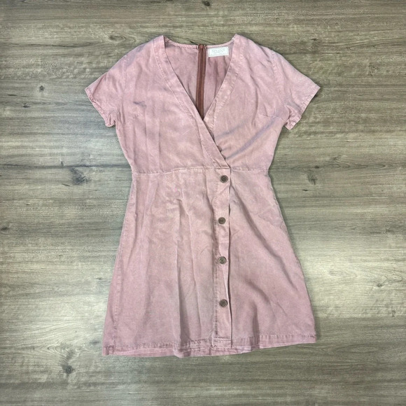 Sinuous tencel dress vintage wash red pink button front women's small deep v - Picture 1 of 11